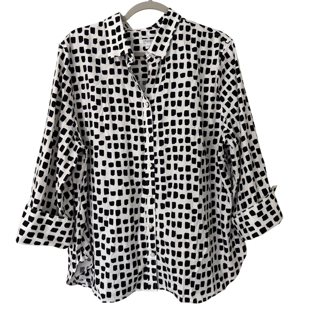 Chicos Womens 3.5/ US 18 Black White Geometric Square Print Button Down Shirt